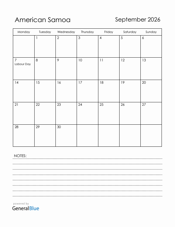 September 2026 American Samoa Calendar with Holidays (Monday Start)