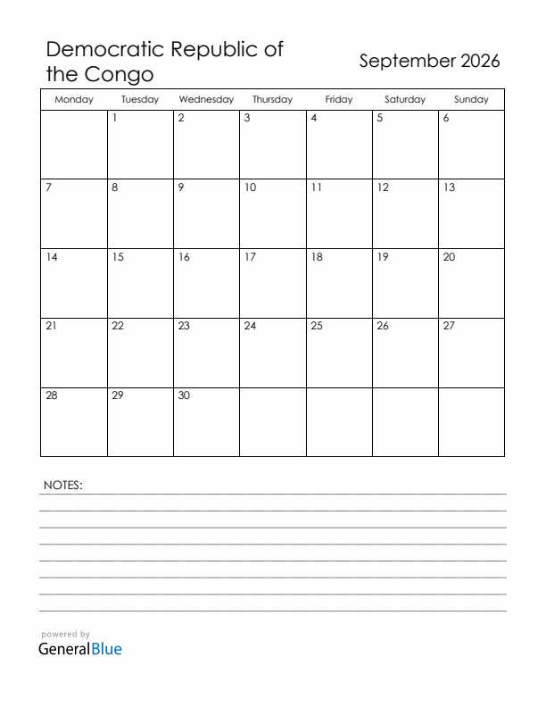 September 2026 Democratic Republic of the Congo Calendar with Holidays (Monday Start)