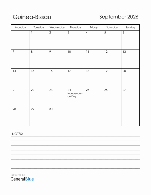September 2026 Guinea-Bissau Calendar with Holidays (Monday Start)