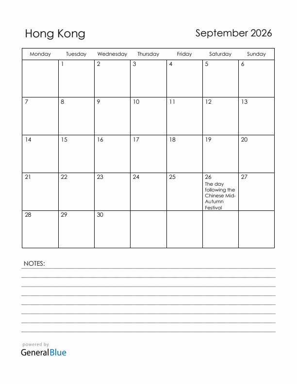 September 2026 Hong Kong Calendar with Holidays (Monday Start)