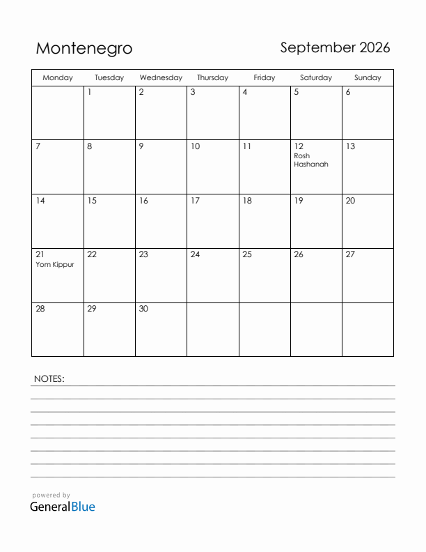 September 2026 Montenegro Calendar with Holidays (Monday Start)