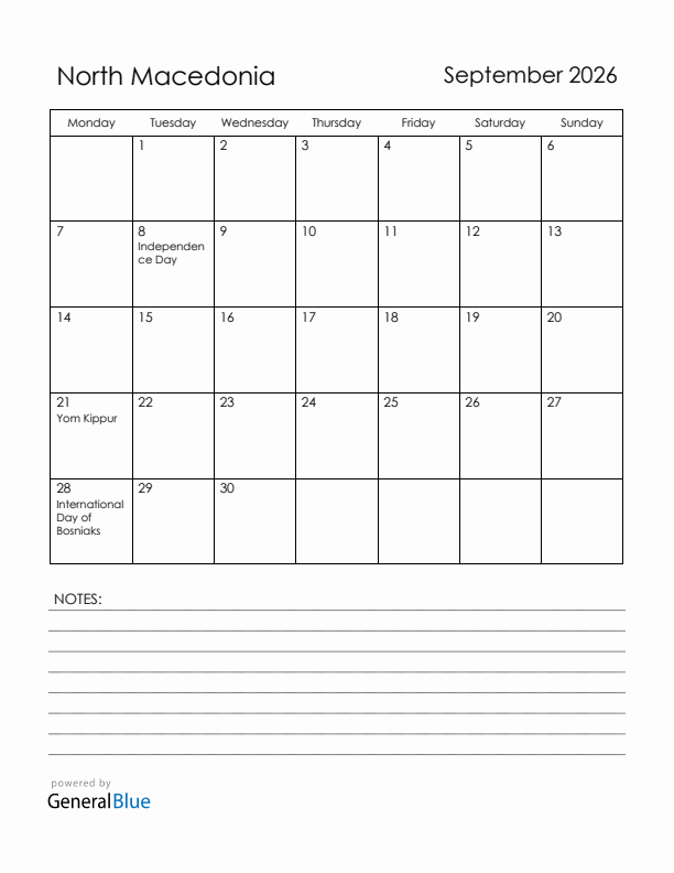 September 2026 North Macedonia Calendar with Holidays (Monday Start)
