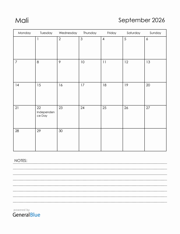 September 2026 Mali Calendar with Holidays (Monday Start)