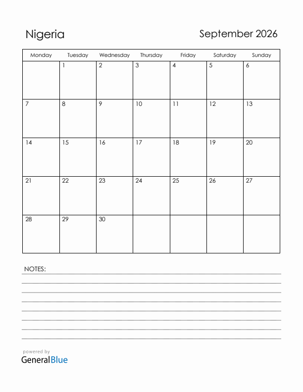 September 2026 Nigeria Calendar with Holidays (Monday Start)