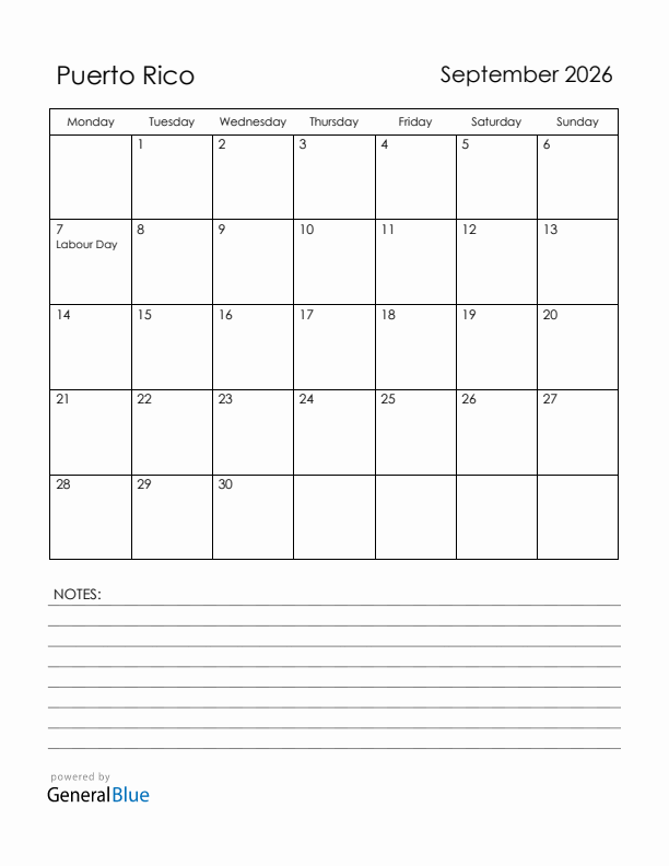 September 2026 Puerto Rico Calendar with Holidays (Monday Start)