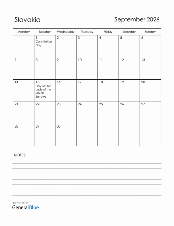 September 2026 Slovakia Calendar with Holidays (Monday Start)