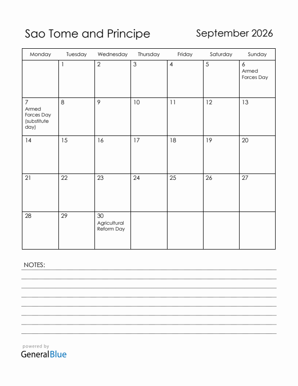 September 2026 Sao Tome and Principe Calendar with Holidays (Monday Start)