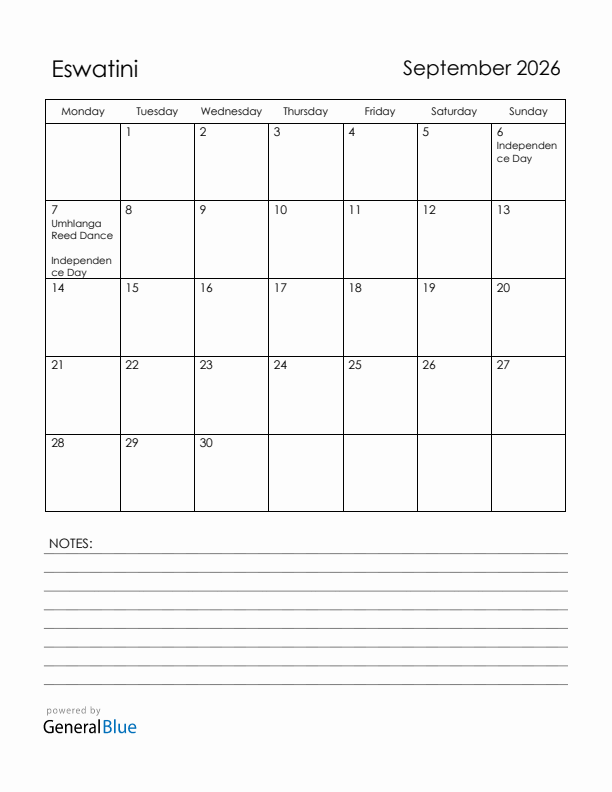 September 2026 Eswatini Calendar with Holidays (Monday Start)