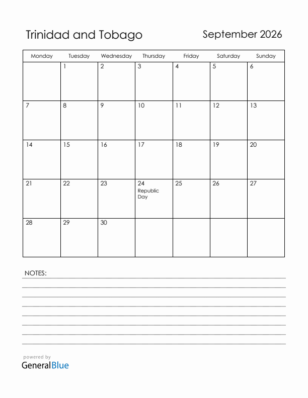 September 2026 Trinidad and Tobago Calendar with Holidays (Monday Start)