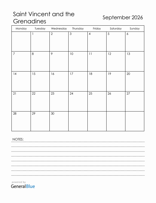 September 2026 Saint Vincent and the Grenadines Calendar with Holidays (Monday Start)