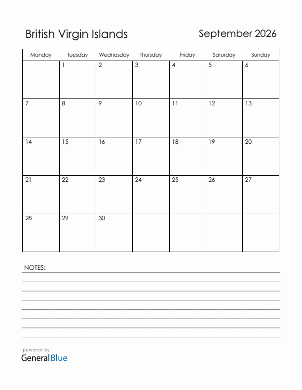 September 2026 British Virgin Islands Calendar with Holidays (Monday Start)