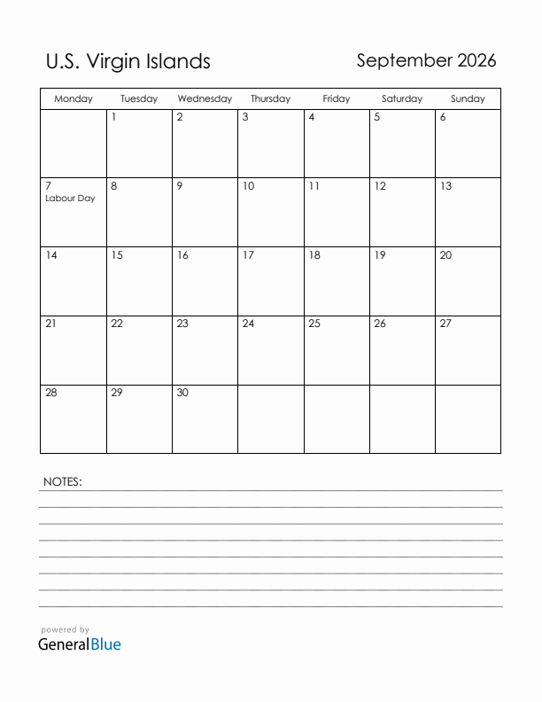 September 2026 U.S. Virgin Islands Calendar with Holidays (Monday Start)