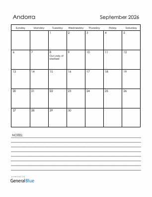 Current month calendar with Andorra holidays for September 2026