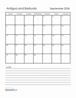 Current month calendar with Antigua and Barbuda holidays for September 2026