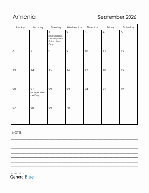 Current month calendar with Armenia holidays for September 2026
