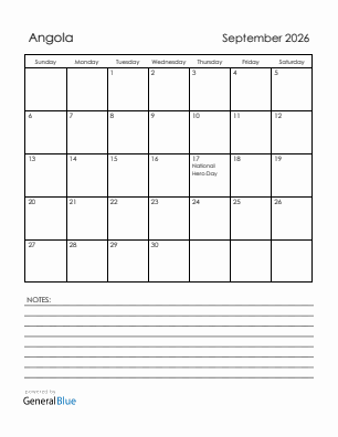 Current month calendar with Angola holidays for September 2026