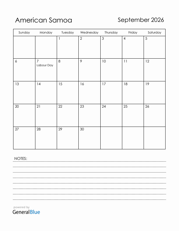 September 2026 American Samoa Calendar with Holidays (Sunday Start)