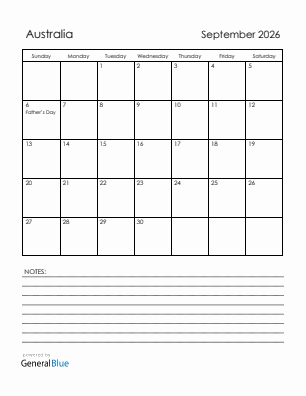 Current month calendar with Australia holidays for September 2026