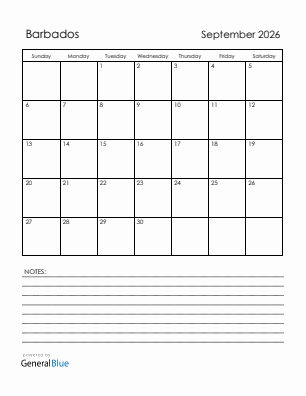Current month calendar with Barbados holidays for September 2026