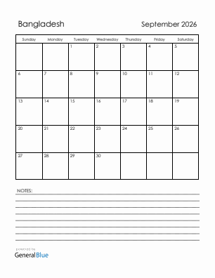 Current month calendar with Bangladesh holidays for September 2026