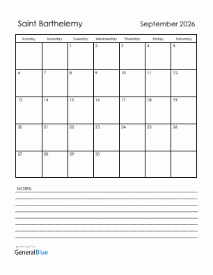 Current month calendar with Saint Barthelemy holidays for September 2026