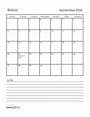 Current month calendar with Bolivia holidays for September 2026