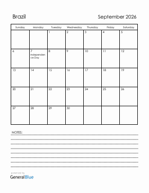 Current month calendar with Brazil holidays for September 2026