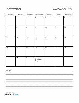 Current month calendar with Botswana holidays for September 2026
