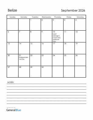 Current month calendar with Belize holidays for September 2026