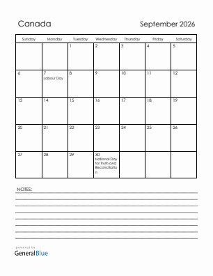Current month calendar with Canada holidays for September 2026