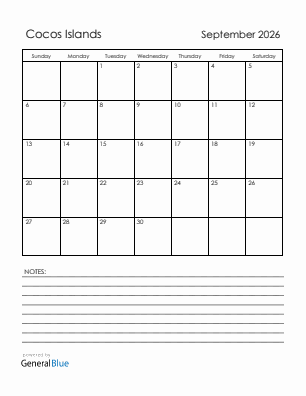 Current month calendar with Cocos Islands holidays for September 2026