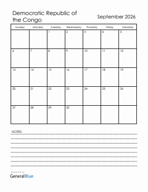 Current month calendar with Democratic Republic of the Congo holidays for September 2026