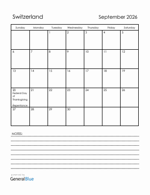 Current month calendar with Switzerland holidays for September 2026