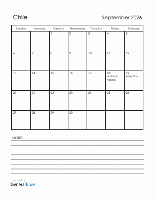 Current month calendar with Chile holidays for September 2026