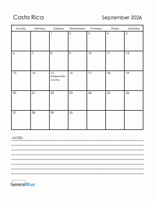 Current month calendar with Costa Rica holidays for September 2026