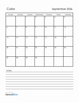 Current month calendar with Cuba holidays for September 2026