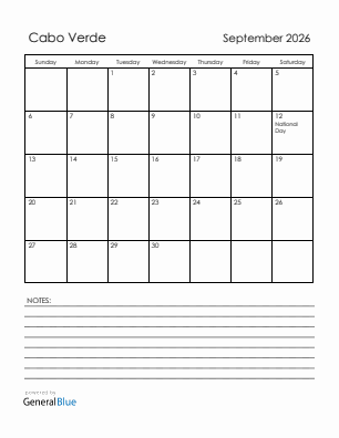 Current month calendar with Cabo Verde holidays for September 2026
