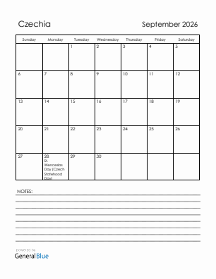 Current month calendar with Czechia holidays for September 2026