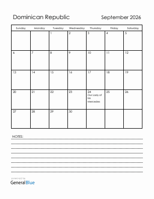 Current month calendar with Dominican Republic holidays for September 2026