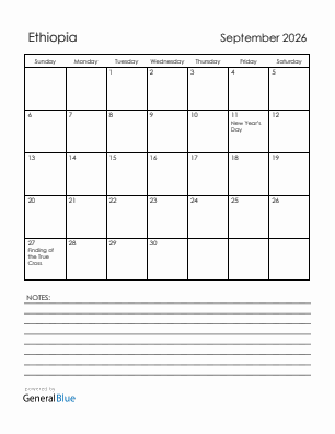 Current month calendar with Ethiopia holidays for September 2026