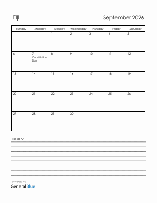 Current month calendar with Fiji holidays for September 2026