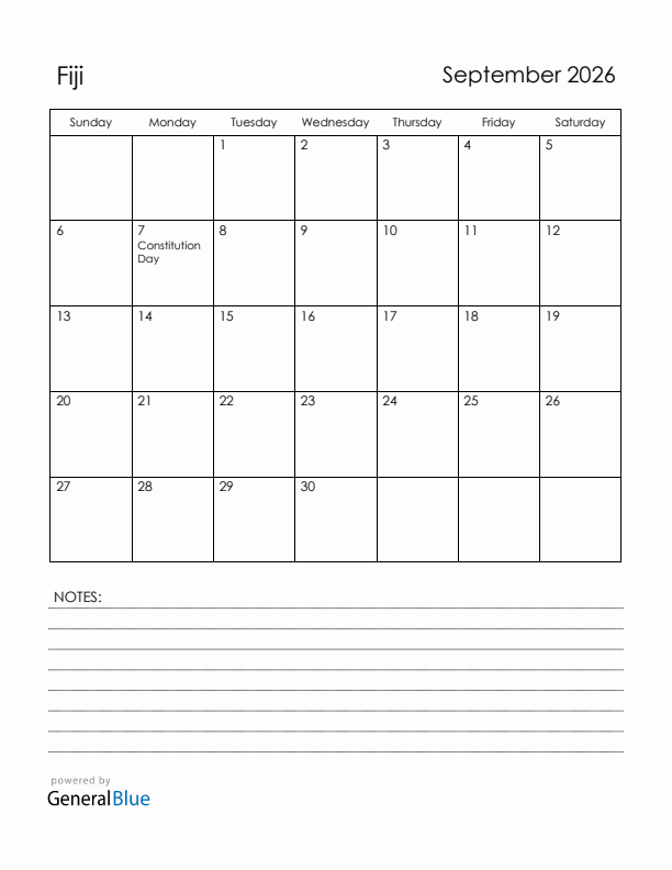 September 2026 Fiji Calendar with Holidays (Sunday Start)