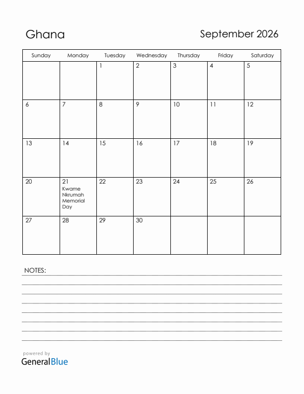 September 2026 Ghana Calendar with Holidays (Sunday Start)