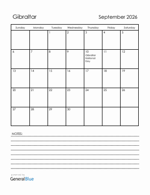 Current month calendar with Gibraltar holidays for September 2026