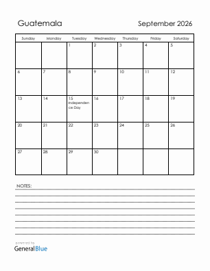 Current month calendar with Guatemala holidays for September 2026