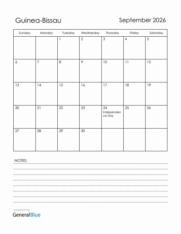September 2026 Guinea-Bissau Calendar with Holidays (Sunday Start)