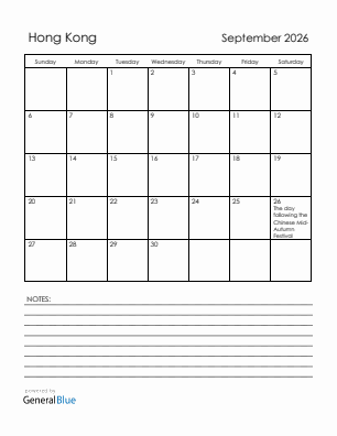 Current month calendar with Hong Kong holidays for September 2026