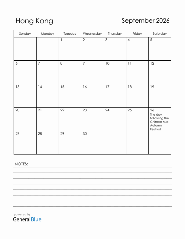 September 2026 Hong Kong Calendar with Holidays (Sunday Start)
