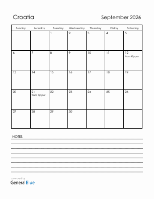 Current month calendar with Croatia holidays for September 2026