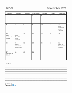 Current month calendar with Israel holidays for September 2026